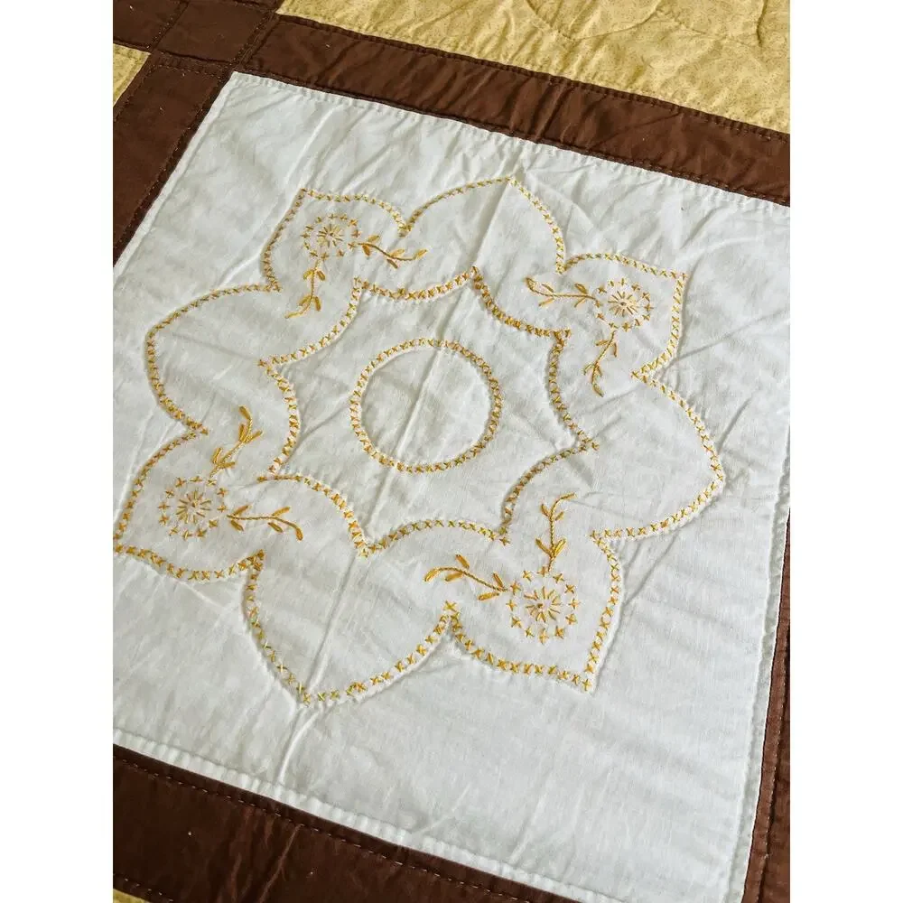 Vintage Hand made Quilt Cross Stitch Coverlet Floral Brown Yellow Moroccan Orang